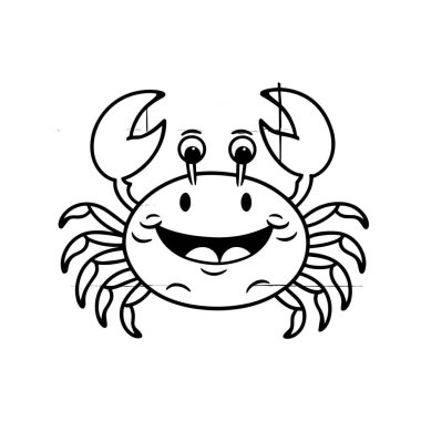 Mutlu yengeç çizgisi tasarımı. Kocaman gözleri ve geniş gülüşü olan sevimli bir deniz yaratığı. Çocukları boyamak için mükemmel sayfalar, okyanus temalı projeler, SVG el sanatları ve eğitim sanatı. Parmak izleri, çıkartmalar ve deniz yaban hayatı vektörü tasarımları için harika.