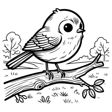 Ağaçlık alanda çizilmiş boyama sayfasında sevimli bir kuş. Çocuklar ve doğa severler için mükemmel. Yayınlanabilir sanat, eğitim amaçlı vahşi yaşam renklendirme, dijital indirme ve orman hayvanlarını ve barış ortamını kutlayan yaratıcı sanatlar projeleri için harika.