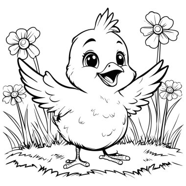 Mutlu yavru civciv boyama sayfası, çiçekli ve çimenli çizgi film sanatı. Çocuklar, çiftlik temaları ve bahar öğrenimi için mükemmel. Yazdırılabilir sanat, dijital indirme ve sevimli hayvanları ve neşeli mevsimsel manzaraları kutlayan yaratıcı el sanatları için harika.