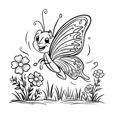 Bahar bahçesinde çiçek açan çiçeklerin üzerinde uçan sevimli kelebek çizimi. Çocuk boyama sayfaları, gömlek tasarımları ve şirin doğa resimleri için mükemmel. Baskı, zanaat ve dijital yaratıcılık için ideal yüksek kaliteli siyah beyaz çizgi sanatı
