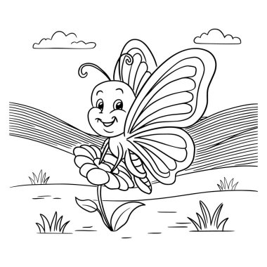 Bahar bahçesinde çiçek açan çiçeklerin üzerinde uçan sevimli kelebek çizimi. Çocuk boyama sayfaları, gömlek tasarımları ve şirin doğa resimleri için mükemmel. Baskı, zanaat ve dijital yaratıcılık için ideal yüksek kaliteli siyah beyaz çizgi sanatı