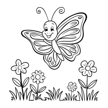 Çiçeklerin üzerinde uçan sevimli bir çizgi film kelebeği. Çocukları boyamak için mükemmel sayfalar, eğitim projeleri, hikaye kitapları ve basılabilir sanat. Sevimli böcek çizimi, çocuk için yaratıcılığı, eğitimi ve doğa değerini teşvik eder.