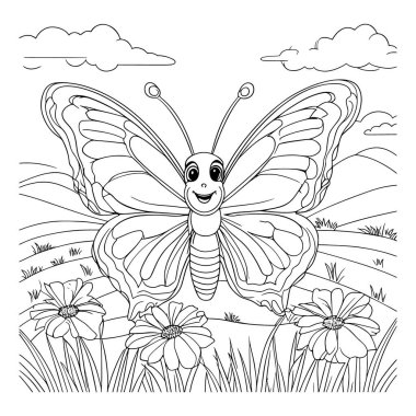 Çiçekler, tepeler ve bulutların yer aldığı sevimli gülümseyen kelebek çizgisi. Çocukların boyama sayfaları, tişört baskıları ya da bahar doğa resimleri için mükemmel bir tasarım. Yaratıcı projeler, dijital tasarımlar için ideal bir çizgi film çizimi.
