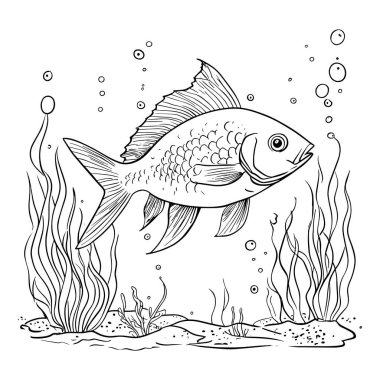 Deniz yosunu ve baloncuklarla dolu sualtı sahnesinde yüzen ayrıntılı balık ana hatlı taşıyıcı. Gömlek tasarımları, boyama sayfaları, deniz çizimleri ve dekoratif su sanatı için mükemmel. Yaratıcı projeler, logolar ve okyanus teması için basit çizgi çizimi ideal