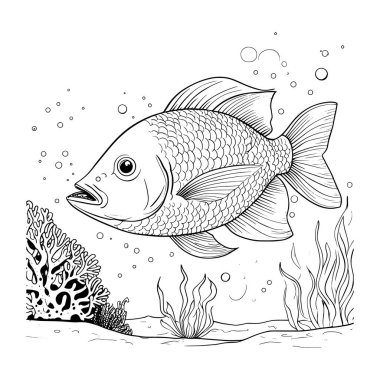 Deniz yosunu ve baloncuklarla dolu sualtı sahnesinde yüzen ayrıntılı balık ana hatlı taşıyıcı. Gömlek tasarımları, boyama sayfaları, deniz çizimleri ve dekoratif su sanatı için mükemmel. Yaratıcı projeler, logolar ve okyanus teması için basit çizgi çizimi ideal