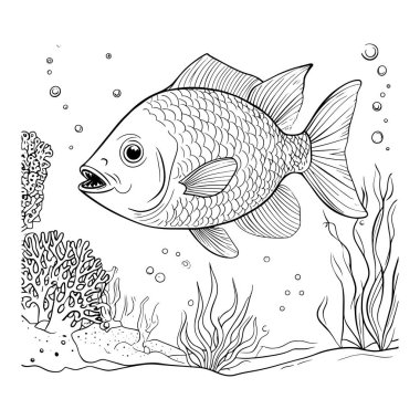 Deniz yosunu ve baloncuklarla dolu sualtı sahnesinde yüzen ayrıntılı balık ana hatlı taşıyıcı. Gömlek tasarımları, boyama sayfaları, deniz çizimleri ve dekoratif su sanatı için mükemmel. Yaratıcı projeler, logolar ve okyanus teması için basit çizgi çizimi ideal