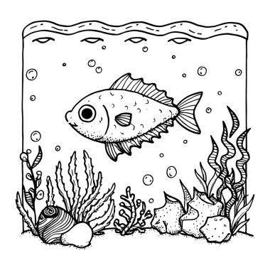Deniz yosunu ve baloncuklarla dolu sualtı sahnesinde yüzen ayrıntılı balık ana hatlı taşıyıcı. Gömlek tasarımları, boyama sayfaları, deniz çizimleri ve dekoratif su sanatı için mükemmel. Yaratıcı projeler, logolar ve okyanus teması için basit çizgi çizimi ideal