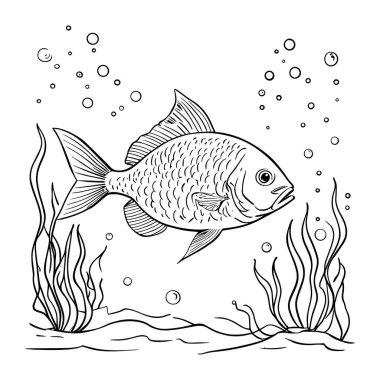 Deniz yosunu ve baloncuklarla dolu sualtı sahnesinde yüzen ayrıntılı balık ana hatlı taşıyıcı. Gömlek tasarımları, boyama sayfaları, deniz çizimleri ve dekoratif su sanatı için mükemmel. Yaratıcı projeler, logolar ve okyanus teması için basit çizgi çizimi ideal