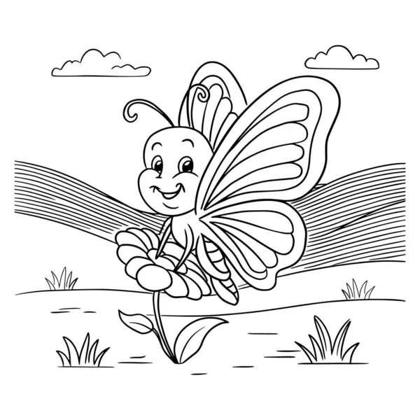 Bahar bahçesinde çiçek açan çiçeklerin üzerinde uçan sevimli kelebek çizimi. Çocuk boyama sayfaları, gömlek tasarımları ve şirin doğa resimleri için mükemmel. Baskı, zanaat ve dijital yaratıcılık için ideal yüksek kaliteli siyah beyaz çizgi sanatı