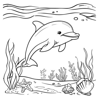 Gülümseyen yunuslar deniz yosunu kabukları ve deniz yıldızlarıyla suyun altında yüzüyor. Gömlek tasarımı, boyama sayfaları, deniz sanatı ve okyanus temalı projeler için mükemmel. Çocuk kitapları, çıkartmalar ve yaratıcı deniz hayatı illu için basit çizimler ideal.