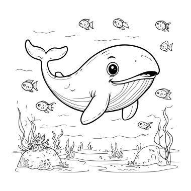 Balıklar ve mercanlarla suyun altında yüzen sevimli çizgi film balinası. Çocuk boyama sayfaları, eğitici deniz sanatı ve dijital baskılar için eğlenceli ve detaylı çizim çizimi mükemmeldir. Okyanus hayvanlarını ve yaratıcılığını seven çocuklar için harika bir öğrenme kaynağı.