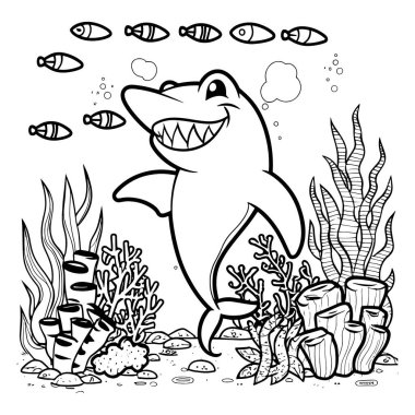 Mutlu çizgi film köpekbalığı ana hatları vektörü sualtı mercan resiflerinde balık ve deniz bitkileriyle yüzüyor. Gömlek tasarımları, boyama sayfaları, çocuk çizimleri ve okyanus temalı sanat için mükemmel. Yaratıcı projeler ve eğitim için eğlenceli deniz hattı sanat tarzı ideal