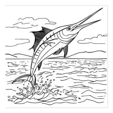 Dinamik kılıçbalığı okyanus dalgaları üzerinde sıçrıyor. Detaylı siyah beyaz vektör sanatı. Çocuk boyama sayfaları, balık temalı baskılar, gömlek tasarımları ve deniz hayatı çizimleri için mükemmel. Deniz hayvanlarını ve doğayı kutlayan yaratıcı projeler için ideal.,