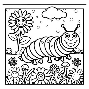 Gülen çiçekler ve bitkilerle dolu bir bahçede mutlu bir şekilde sürünen sevimli çizgi film tırtılı. Çocukları boyamak için mükemmel kitaplar, tişört baskıları, çocuk odası duvar resimleri ve bahar doğa projeleri. Siyah ve beyaz vektör çizgisi sanat yaratıcılık ve eğitim için ideal