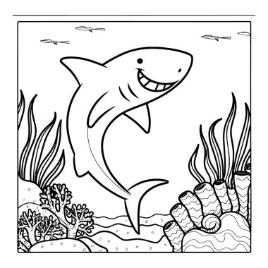 Deniz altı mercan resiflerinde deniz kabukları ve deniz yosunlarıyla yüzen mutlu çizgi film köpekbalığı ana hatları taşıyıcısı. Çocuk boyama sayfaları, gömlek baskıları ve deniz hayatı sanat eserleri için mükemmel. Eğlenceli okyanus hayvan çizgisi tasarımı yaratıcı projeler, çıkartmalar ve eğitim için ideal.