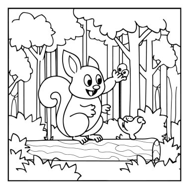 Ormandaki bir kütüğün üzerinde duran sevimli çizgi film sincabı ana hatları vektörü. Gömlek tasarımı, boyama sayfaları, çocuk çizimleri ve orman temalı sanat için mükemmel. Yaratıcı projeler, eğitim materyalleri ve n için eğlenceli ve basit çizimler ideal