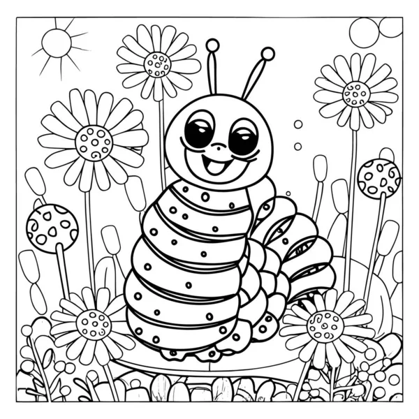 Gülen çiçekler ve bitkilerle dolu bir bahçede mutlu bir şekilde sürünen sevimli çizgi film tırtılı. Çocukları boyamak için mükemmel kitaplar, tişört baskıları, çocuk odası duvar resimleri ve bahar doğa projeleri. Siyah ve beyaz vektör çizgisi sanat yaratıcılık ve eğitim için ideal