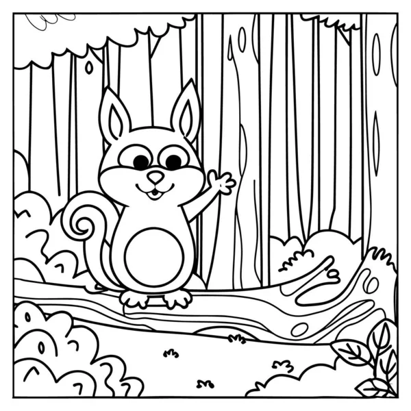 Ormandaki bir kütüğün üzerinde duran sevimli çizgi film sincabı ana hatları vektörü. Gömlek tasarımı, boyama sayfaları, çocuk çizimleri ve orman temalı sanat için mükemmel. Yaratıcı projeler, eğitim materyalleri ve n için eğlenceli ve basit çizimler ideal