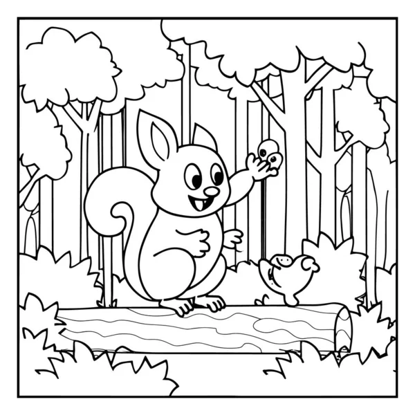 Ormandaki bir kütüğün üzerinde duran sevimli çizgi film sincabı ana hatları vektörü. Gömlek tasarımı, boyama sayfaları, çocuk çizimleri ve orman temalı sanat için mükemmel. Yaratıcı projeler, eğitim materyalleri ve n için eğlenceli ve basit çizimler ideal