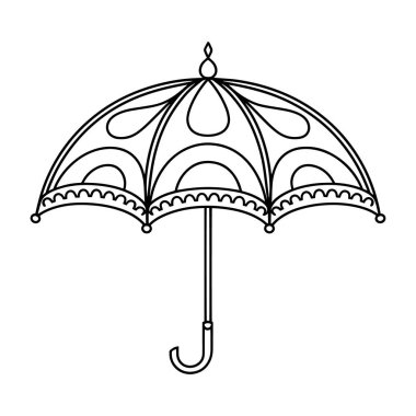 Zarif kıvrımlı desenli ve klasik saplı dekoratif şemsiye çizimi. Sayfaları boyamak, moda baskıları, tebrik kartları ve dekoratif sanat eserleri için mükemmel. Temiz siyah beyaz çizgi sanat baskı tasarımı, el sanatları ve el sanatları için ideal.