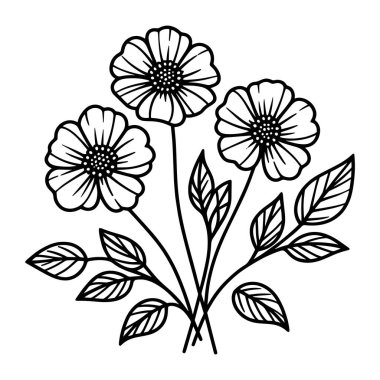 Ayrıntılı çizgi sanatında yaprakları olan üç çiçekli zarif çiçek buketi çizimi. Boyama sayfaları, çiçekli tişört baskıları, tebrik kartları ve doğa dekorasyonu için mükemmel. Siyah ve beyaz tasarım yaratıcı projeler için idealdir, 