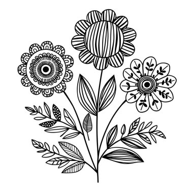 Zarif çiçeklerin ve yapraklı dalların bulunduğu zarif çiçek buketi ana hatları vektörü. Gömlek tasarımı, boyama sayfaları, botanik çizimler ve dekoratif sanat için mükemmel. Basit çizgi çizimleri doğa için idealdir. İlham verici projeler, logolar ve kreat