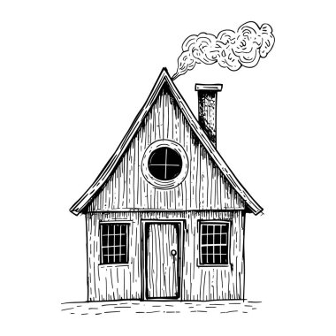 Baca dumanı ve ahşap desenli detaylı çizimlerle etkileyici bir kır evi çizimi. Boyama sayfaları, mimari çizimler, kırsal manzaralar ve ev dekorasyonu için mükemmel. Klasik ya da kırsal tasarım için büyük siyah beyaz sanat eserleri