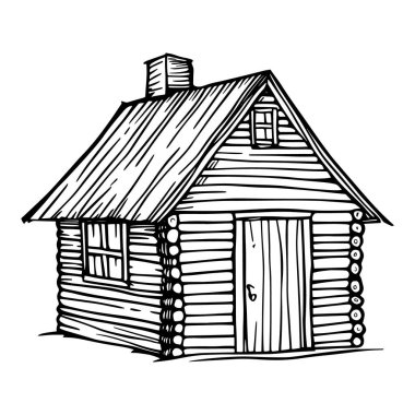 Baca dumanı ve ahşap desenli detaylı çizimlerle etkileyici bir kır evi çizimi. Boyama sayfaları, mimari çizimler, kırsal manzaralar ve ev dekorasyonu için mükemmel. Klasik ya da kırsal tasarım için büyük siyah beyaz sanat eserleri