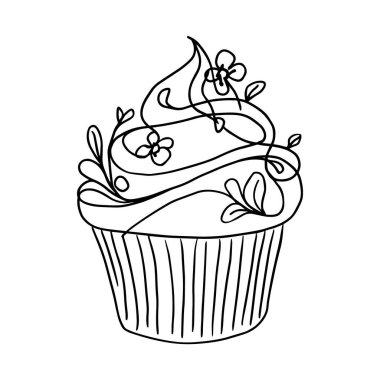 Çiçekler ve krema kaplı, siyah beyaz çizgilerle süslenmiş zarif kek çizimi. Boyama sayfaları, fırın resimleri, tatlı çizimleri ve dijital baskılar için mükemmel. Pasta severler ve yaratıcı fırınlar için güzel dekoratif tasarım.