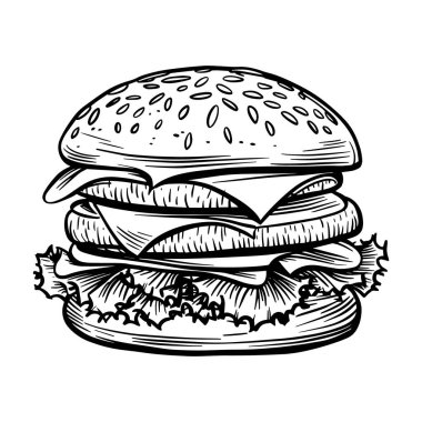 Susamlı ekmek, marul ve peynirli lezzetli hamburger vektör çizimi. Boyama sayfaları, restoran logoları, menü tasarımları, gömlek baskıları ve yemek çizimleri için mükemmel. Siyah ve beyaz vektör çizimleri yaratıcı projeler için idealdir.