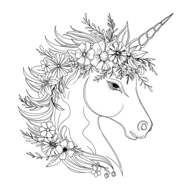 Ayrıntılı çiçek çelengi ile süslenmiş zarif tek boynuzlu at ana hat vektörü.