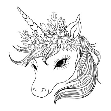 Ayrıntılı çiçek çelengi ile süslenmiş zarif tek boynuzlu at ana hat vektörü.