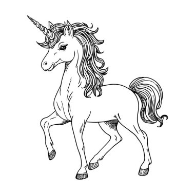 Ayrıntılı kanatları ve sanatsal çizgili yelesi olan zarif pegasus unicorn vektör tasarımı. Boyama sayfaları, tişört baskıları, posterler ve fantezi sanat eserleri için mükemmel. Çocuk projeleri, büyülü temalar ve yaratıcı dekoratif il için harika.