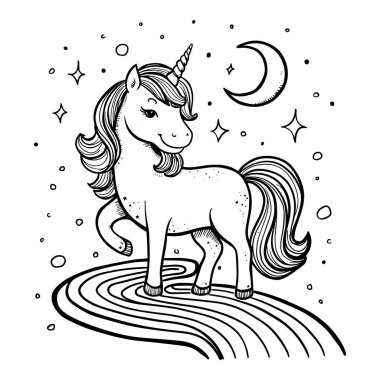 Büyüleyici tek boynuzlu at tasarımı. İçinde ay ve yıldızlar olan güzel çizgili bir at var. Çocukları boyamak için mükemmel sayfalar, fantezi sanat eserleri, tişört baskıları ve yaratıcı tasarımlar. Posterler, çocuk odası dekoru ve peri masalı için harika.