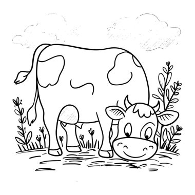 Çiçekleri ve bulutları olan bir karikatür tarlasında çocuklar için mükemmel olan inek çizgisi sanat çizgisi illüstrasyonu. Eğitim malzemesi dekoru ve yaratıcı sanatlar projeleri, siyah ve beyaz dra.