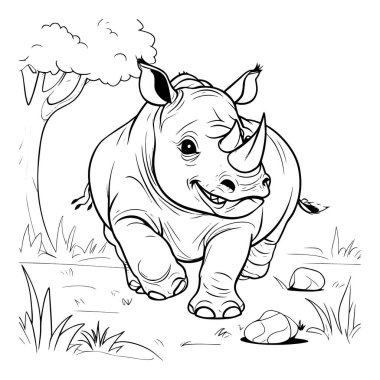 Ormanda koşan mutlu bir gergedanın yer aldığı sevimli çizgi film gergedan çizimi. Çocukların sayfaları boyaması, tişört baskıları ve vahşi yaşam temalı sanat projeleri için mükemmel. Eğitim materyalleri, zanaat ve c için siyah beyaz çizgi çizimi ideal