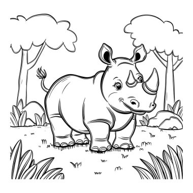 Ormanda koşan mutlu bir gergedanın yer aldığı sevimli çizgi film gergedan çizimi. Çocukların sayfaları boyaması, tişört baskıları ve vahşi yaşam temalı sanat projeleri için mükemmel. Eğitim materyalleri, zanaat ve c için siyah beyaz çizgi çizimi ideal