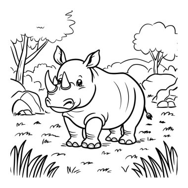 Ormanda koşan mutlu bir gergedanın yer aldığı sevimli çizgi film gergedan çizimi. Çocukların sayfaları boyaması, tişört baskıları ve vahşi yaşam temalı sanat projeleri için mükemmel. Eğitim materyalleri, zanaat ve c için siyah beyaz çizgi çizimi ideal