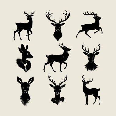 Zarif geyik silueti vektörü duruş, koşma ve dinlenme pozlarında görkemli geyikler barındırıyor. Gömlek izleri, dövmeler, vahşi yaşam tasarımları ve logo çizimleri için mükemmel. El sanatları, dekor, markalaşma için ideal yüksek kaliteli siyah vektör çizimleri