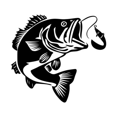 Dinamik levrek balık vektör çizimi, büyük bir balığın kalın çizgili sanat tarzında yem yakaladığını gösteriyor. Balıkçılık temalı tişört baskıları, logolar, dövme tasarımları ve açık hava sporları için mükemmel. Yaratıcı projeler için siyah ve beyaz vektör çizimi ideal,