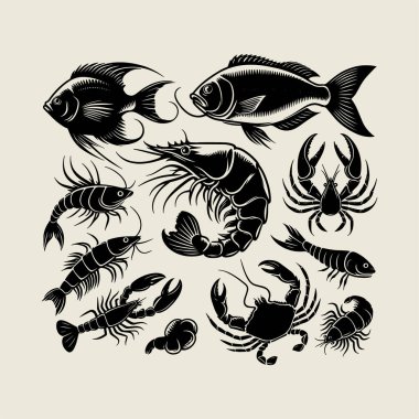 Siyah vektör siluet tarzında balık, karides, yengeç, ıstakoz ve deniz hayvanlarının yer aldığı gösterişli deniz ürünleri koleksiyonu. Restoran logoları, deniz ürünleri menüleri, ambalaj tasarımları, dijital indirmeler veya yaratıcı deniz sanatları ve el işleri için mükemmel.