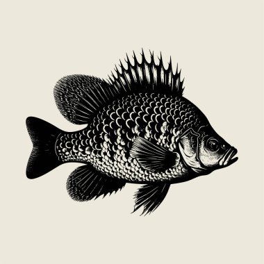 Ayrıntılı levrek balık vektör çizimi koyu siyah beyaz çizgi sanat tarzında. Balıkçılık temalı tişört baskıları, dövme tasarımları, açık hava spor logoları ve deniz sanatları için mükemmel. Yaratıcı projeler ve çıkartmalar için yüksek kaliteli vintage çizim ideali