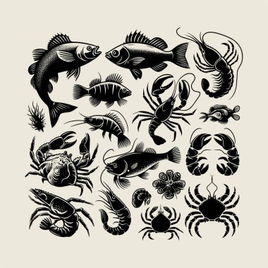 Balık, yengeç, ıstakoz, karides ve kabuklu deniz ürünleri içeren zarif deniz ürünleri koleksiyonu. Restoran markalaşması, deniz ürünleri menüsü tasarımları, ambalaj grafikleri, dijital indirmeler veya yaratıcı deniz sanatları ve okyanus projeleri için mükemmel. 