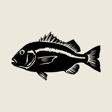 Kalın siyah beyaz çizgili levrek balık vektör çizimi. Tişört baskıları, dövme sanatı, balıkçılık logoları ve açık hava markalaşma projeleri için mükemmel. Yaratıcı el sanatları, çıkartmalar için yüksek kalite vektör çizimi ideali