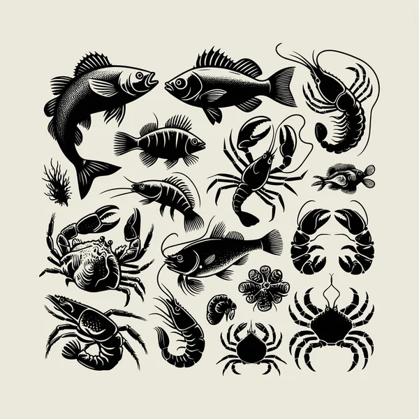 Balık, yengeç, ıstakoz, karides ve kabuklu deniz ürünleri içeren zarif deniz ürünleri koleksiyonu. Restoran markalaşması, deniz ürünleri menüsü tasarımları, ambalaj grafikleri, dijital indirmeler veya yaratıcı deniz sanatları ve okyanus projeleri için mükemmel. 