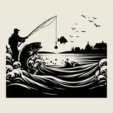 Ayrıntılı balıkçılık sahnesi vektör illüstrasyonu güçlü dalgalarda balık yakalayan bir balıkçıyı gösteriyor. Gömlek tasarımı, açık hava sporları ve deniz temalı grafikler için mükemmel. Kalın çizgi sanat tarzı doğa severler için ideal, macera baskıları, ve modern kre
