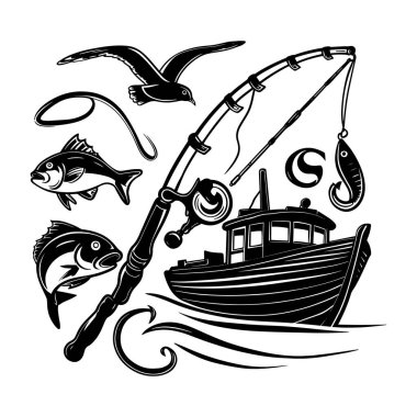 Bot, balık, olta, ağ, ip ve kabartma tarzında ekipman da dahil olmak üzere klasik balık illüstrasyon demeti. Tişört izleri, posterler, logolar ve açık hava sanat eserleri için mükemmel. Balıkçılar ve macera tasarımları için harika Deniz hayatı, spor balıkçılığı ve