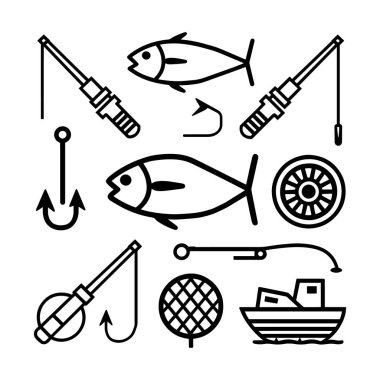 Oltalar, kancalar, balıklar, makaralar, ağlar ve temiz bir sanat tarzında tekne içeren bir balık ikonu seti. Gömlek tasarımları, açık hava spor projeleri, balıkçılık kulübü logoları ve hobi grafikleri için mükemmel. El işi baskıları ve web siteleri için modern siyah taslak çizimi ideal