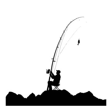 Açık hava sporu ve macerasını sembolize eden, büyük bir balığı iş üstünde yakalayan bir balıkçının siluet çizimi. Gömlek izleri, balıkçı kulübü logoları, hobi sanatı ve eğlence temaları için mükemmel. Cesur siyah tasarım balıkçılar, doğa severler ve