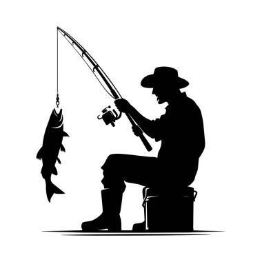 Açık hava sporu ve macerasını sembolize eden, büyük bir balığı iş üstünde yakalayan bir balıkçının siluet çizimi. Gömlek izleri, balıkçı kulübü logoları, hobi sanatı ve eğlence temaları için mükemmel. Cesur siyah tasarım balıkçılar, doğa severler ve